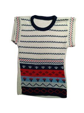 Vintage 70's Girls 4T Acrylic Knit T-shirt Top Scandinavian Pattern Boho Butter